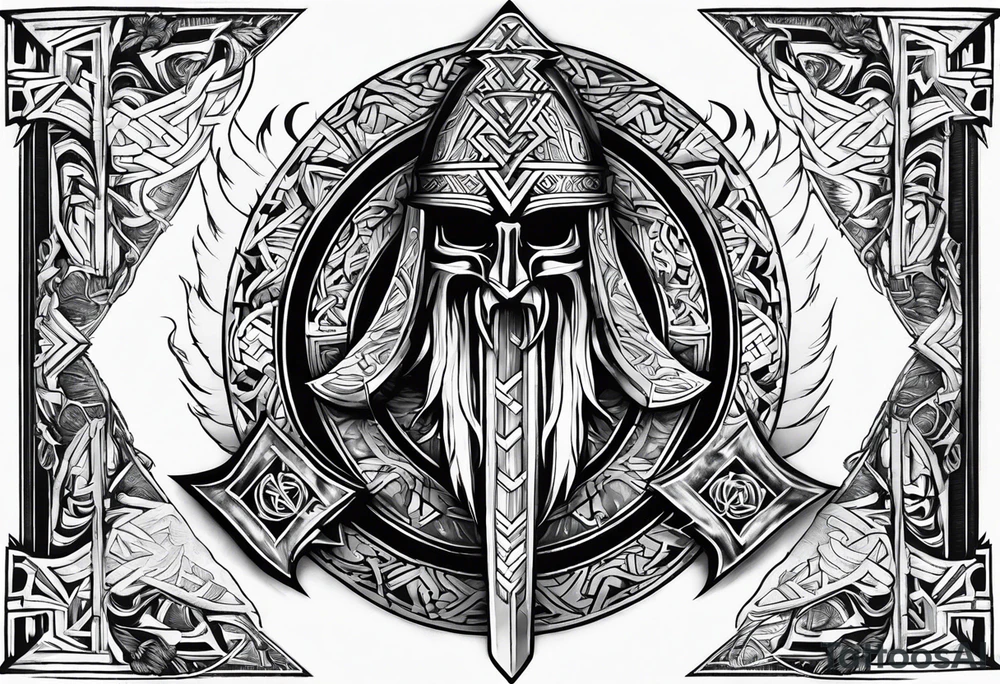 Valhalla sword shield axe Valknut fire tattoo idea