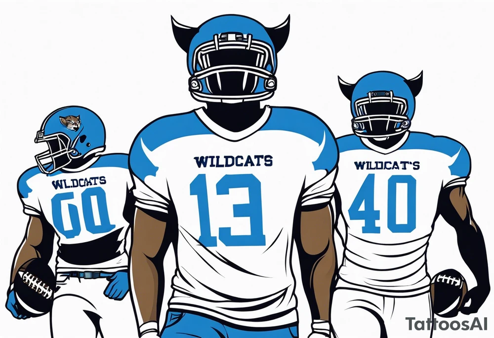 blue wildcat being walked on  leash by high school football players wearing a Carolina blue football jersey that says wildcats tattoo idea