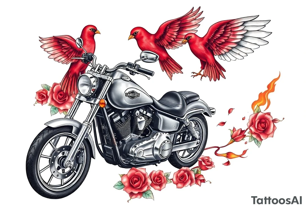 Harley grey motorcycle driving away, two red birds flying, roses, flames,angel wings tattoo idea