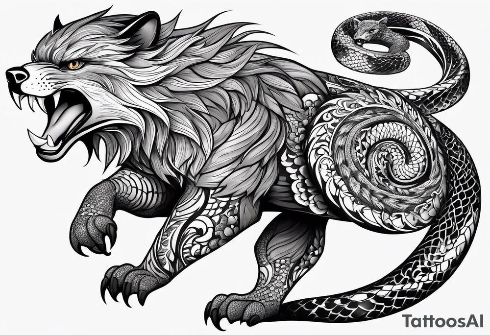Eagle, Tasmanian devil, black swirl filler, snake, leg sleeve tattoo idea