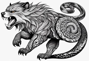 Eagle, Tasmanian devil, black swirl filler, snake, leg sleeve tattoo idea