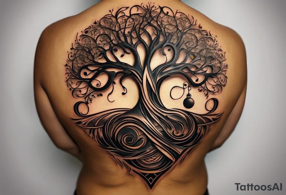 A tattoo design that incorporates the following elements: an abstract tree of life that has roots emerging  from the ground. Waves of water wrap around the tree in a non symmetrical design.  Incorporate musical notes into the tree. the letters U and A are overlapping and engraved into the tree. A golf flag incorporated but not prominent tattoo idea
