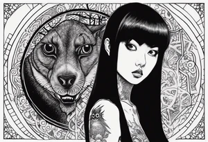 portrait of tomie standing up a character by the horror author junji ito full body standing menacingly.  a mole below her left eye.  add more horror and gore elements tattoo idea