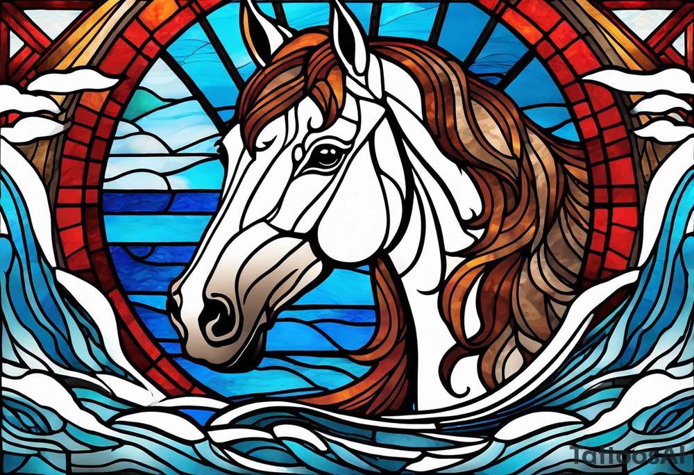 stained glass window with a red and brown horse's head rising from the blue ocean waves tattoo idea