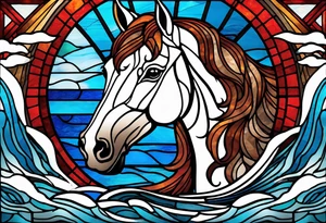 stained glass window with a red and brown horse's head rising from the blue ocean waves tattoo idea