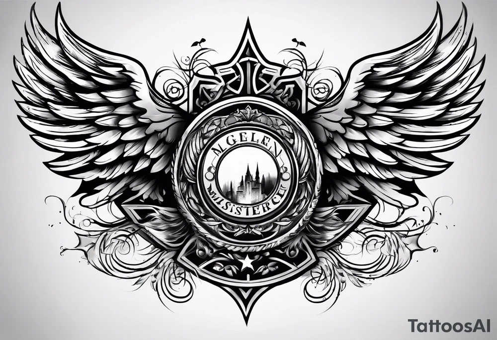 Simple tattoo with the word Glenn on a banner and angel wings tattoo idea