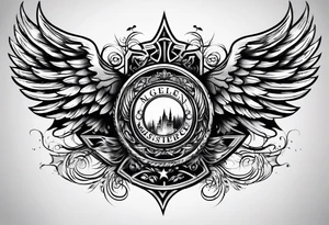 Simple tattoo with the word Glenn on a banner and angel wings tattoo idea