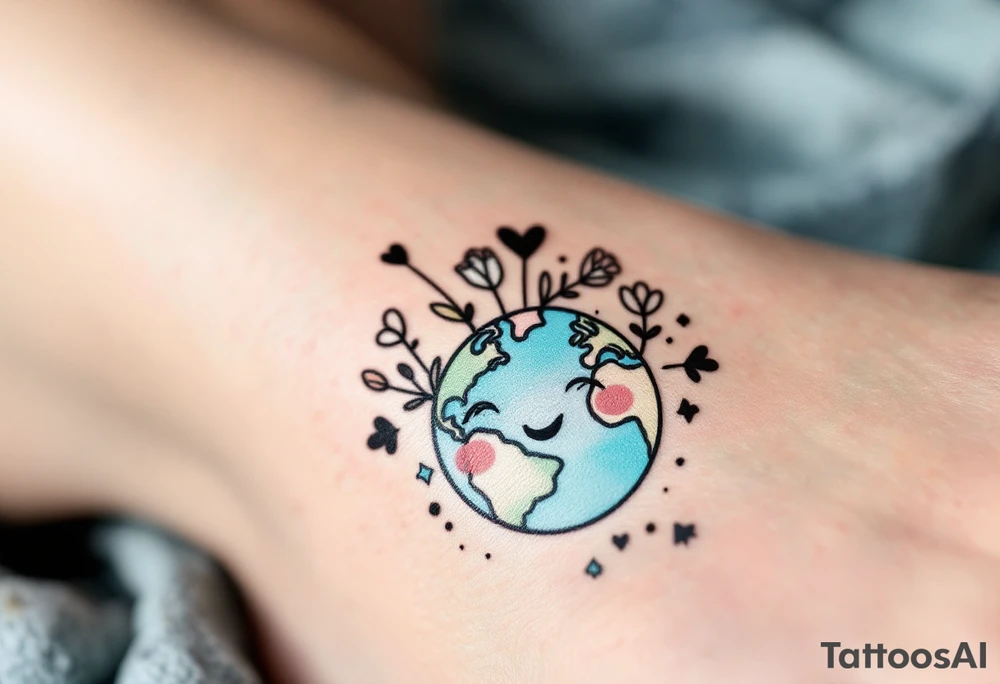 A cute cartoon Earth with smiling eyes is shaded in light blue and mint green with rosy cheeks. tattoo idea