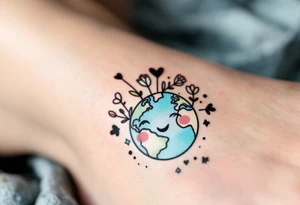 A cute cartoon Earth with smiling eyes is shaded in light blue and mint green with rosy cheeks. tattoo idea