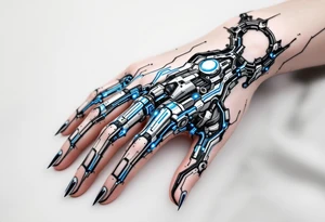 A futuristic biomechanical hand design with sapphire-blue lines tracing each finger like circuits. tattoo idea