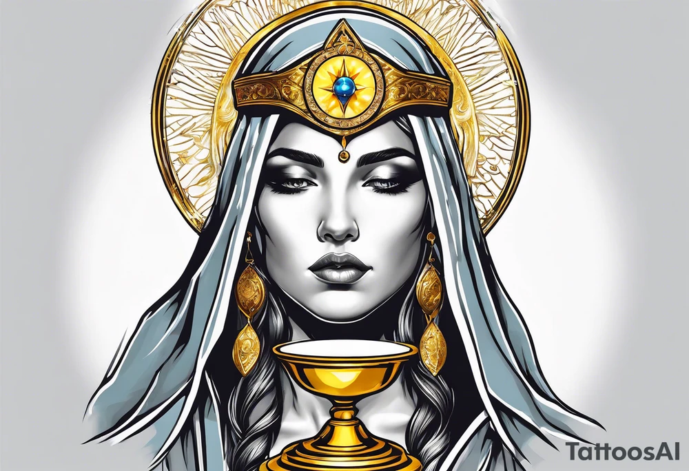 holy saint woman turned away with golden halo holding a chalice tattoo idea