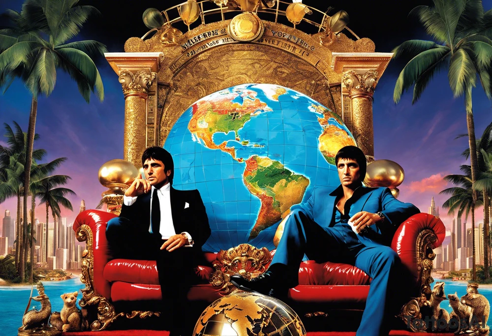 Tony Montana sitting on his throne with his infamous "The World is Yours” globe in hand, surrounded by elements that represent key scenes or motifs from the movie? For example, you could include symbols like piles of cocaine, palm trees, guns, and perhaps even the iconic "Say hello to my little friend" scene in the background. This would create a dynamic and visually captivating tattoo that pays homage to Scarface in a unique and personalized way. tattoo idea