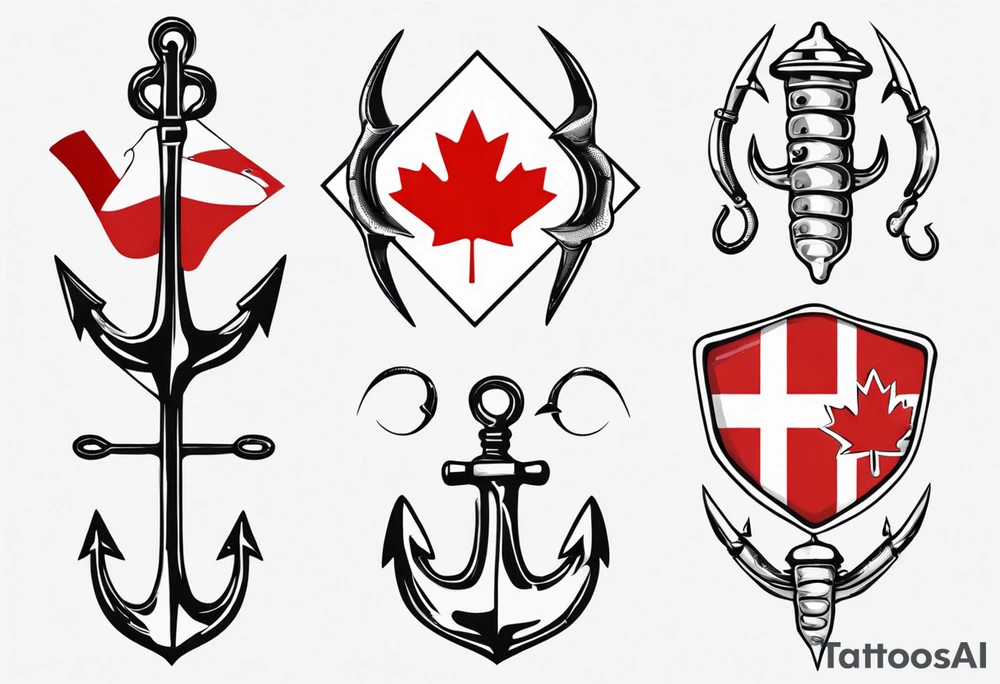 Canadian flag with crossed fish hooks tattoo idea
