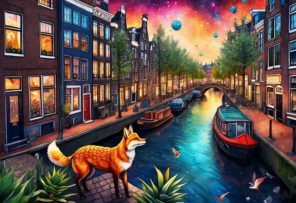Animals, pineapples, stags, birds, foxes, Amsterdam, canal, Amsterdam buildings, Amsterdam canal, space, galaxy colours, universe tattoo idea