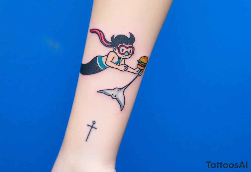 Scooba diver, diving with manta ray belly to belly, with burger on his hand tattoo idea