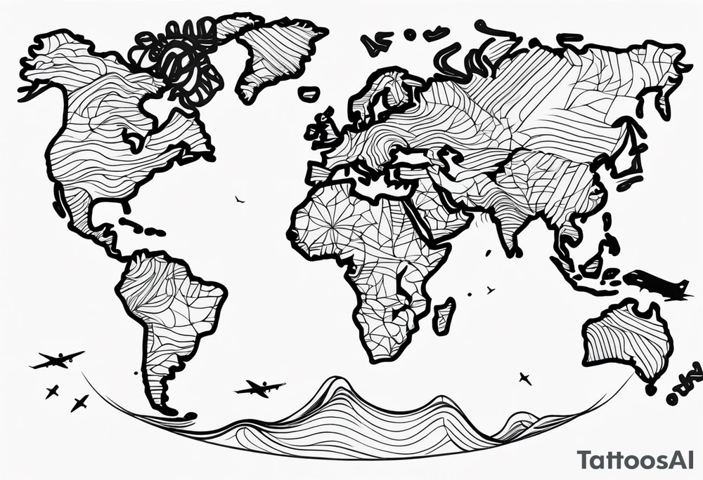 world map, coordinates lines, airplane flying, chip cargo on waves tattoo idea