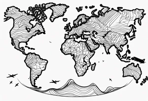 world map, coordinates lines, airplane flying, chip cargo on waves tattoo idea