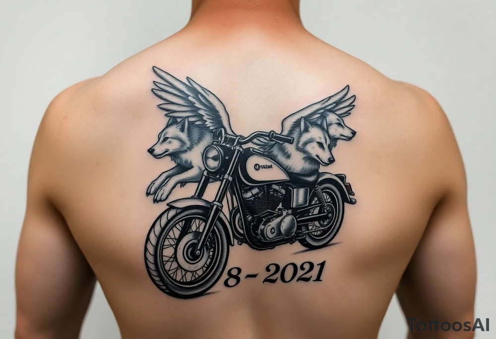 the year 1958 - 2021 with a motorcycle on it with guardian angel wolves tattoo idea
