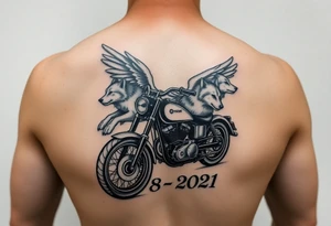 the year 1958 - 2021 with a motorcycle on it with guardian angel wolves tattoo idea