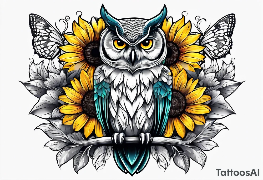Sleeve with an owl, sunflower and butterfly tattoo idea