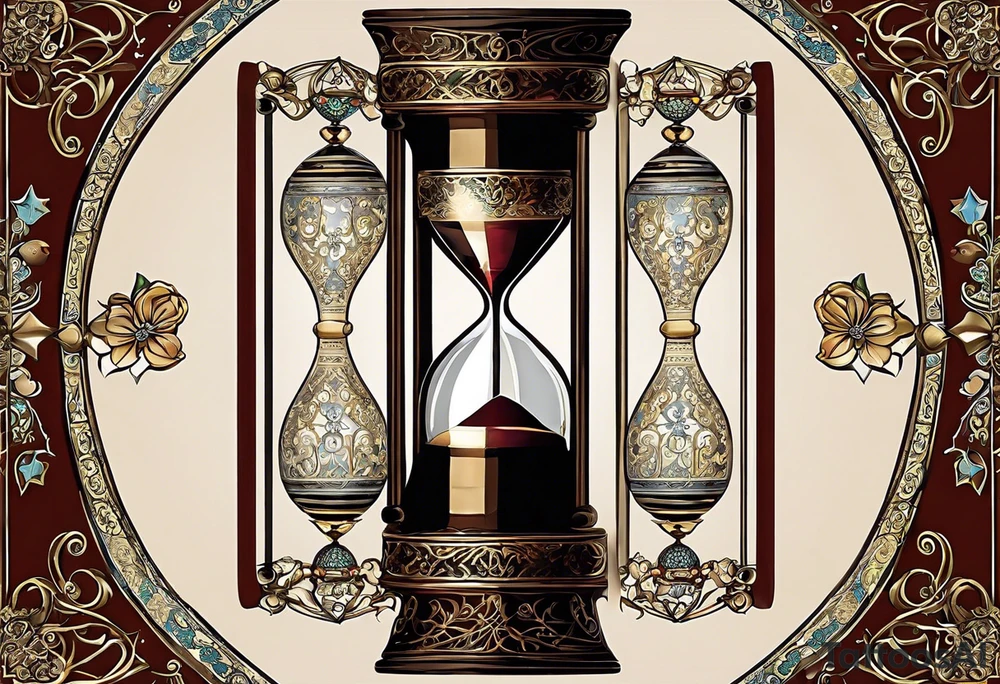 "I want a design featuring a detailed hourglass with a hand clock in the center, where the numbers on the clock are Amazigh numerals. The hourglass and clock should be intertwined with thorny roses, their vines wrapping around the glass. Additionally, planets and stars should orbit around the hourglass, blending both natural and cosmic elements. The roses' thorns should appear sharp and intricate, while the planets give a sense of movement and wonder. The design should be symbolic, representing the flow of time, the universe, and nature, all in harmony." tattoo idea