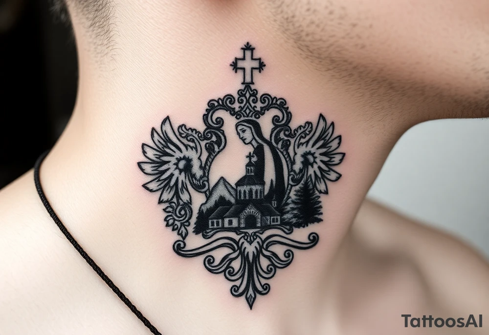 Traditional authentic Russian coat of arms with a Christian orthodox virgin marry in the middle and silhouette in a Russian wilderness Christian orthodoxy dome church village setting on the side of my neck tattoo idea