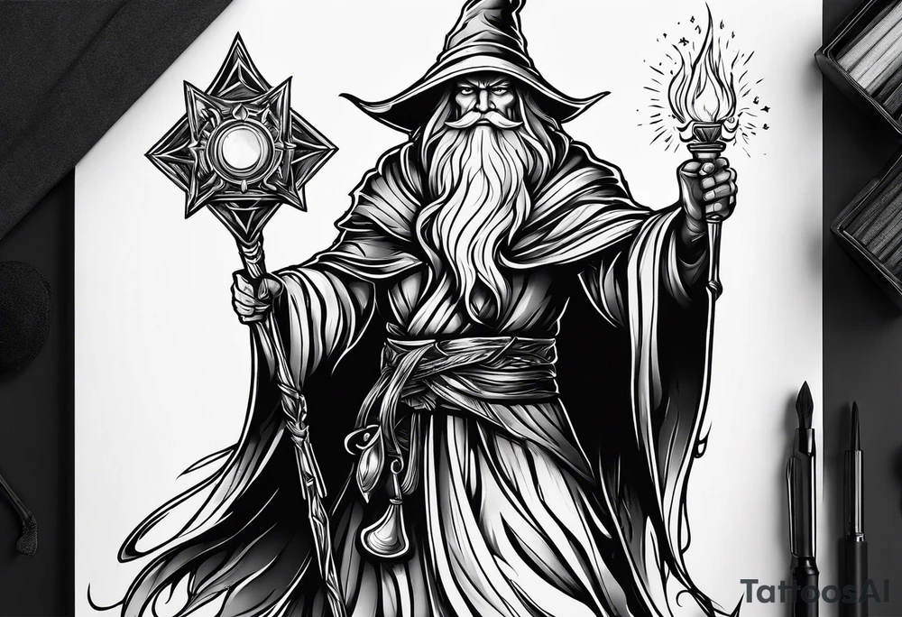 Wizard encased in flames and carrying a staff with a shining gem on top tattoo idea