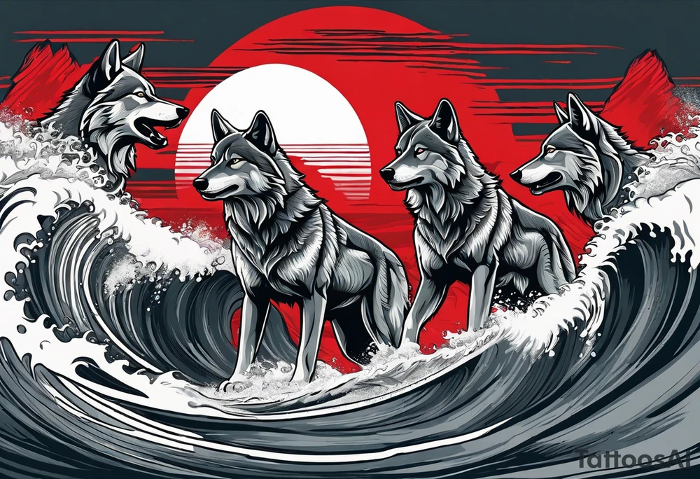 a pack of 3 howling muscular  gray wolves surfing waves with a linear background with red, white and black and gray tattoo idea