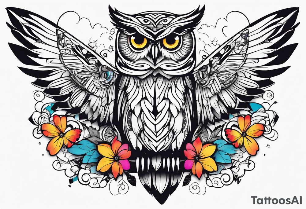 Owl and butterflies tattoo idea