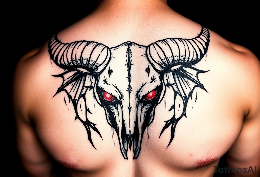 Evil Abstract looking taurus skull chest tattoo with red eyes tattoo idea