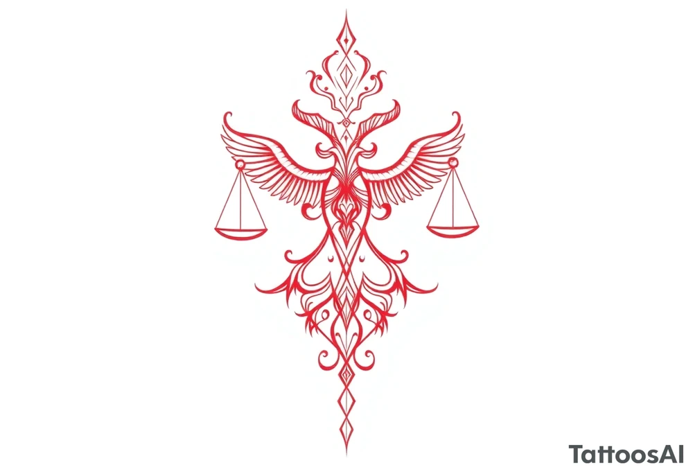 Tattoo that combines the star sign Taurus and Libra ,in red , down the spine tattoo idea