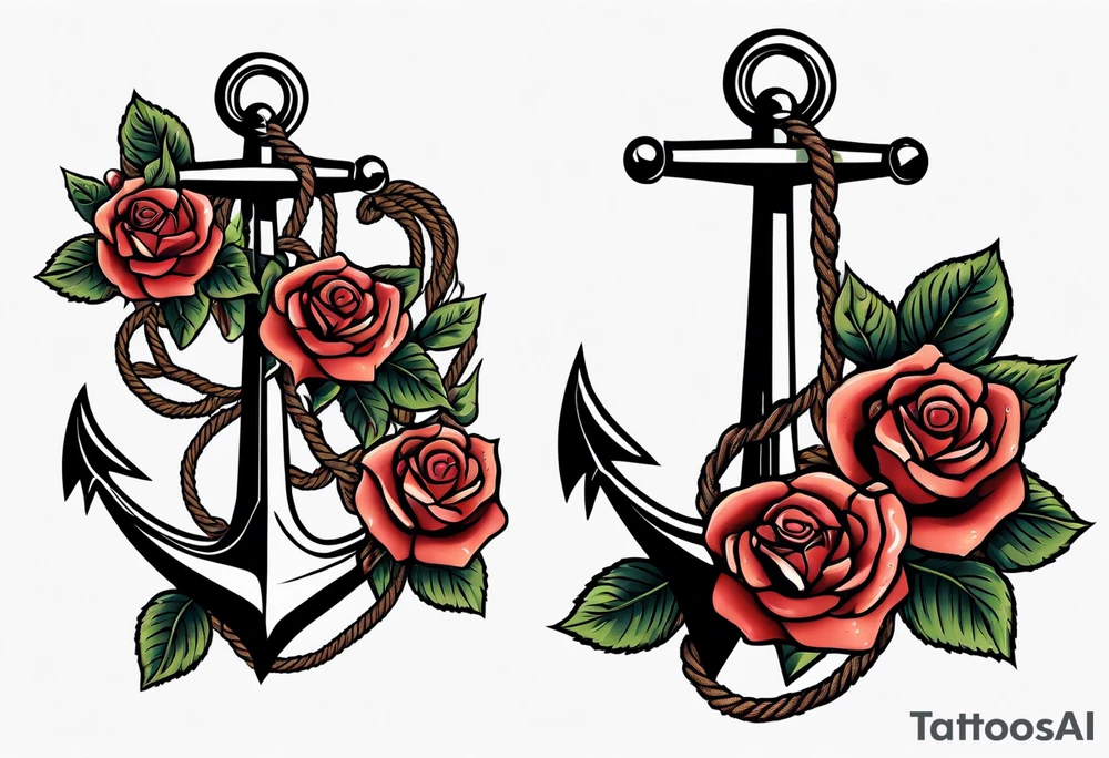 old school anchor sitting at an angle 
with rope wrapped around anchor and banner across anchor and old school roses tattoo idea