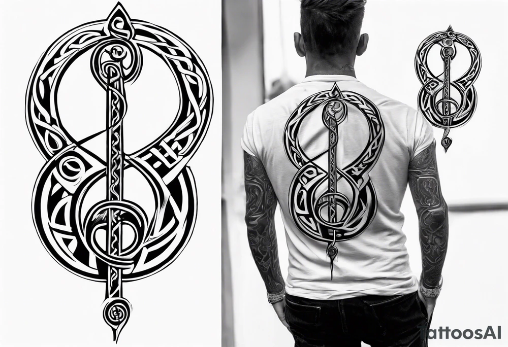 Son sitting on father's shoulders. Walking into the sun. Treble clef on son's back. Celtic design on father's back. tattoo idea