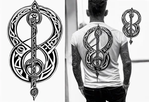 Son sitting on father's shoulders. Walking into the sun. Treble clef on son's back. Celtic design on father's back. tattoo idea