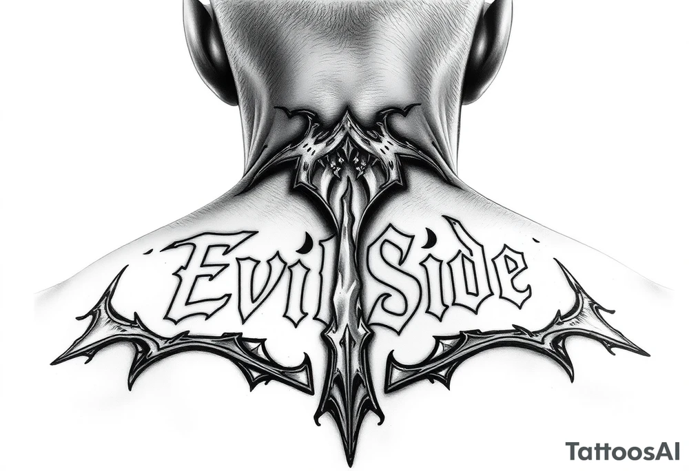 Bold cover up saying Evil Side from ear to ear on front of neck black and white tattoo idea