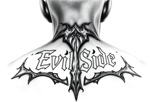 Bold cover up saying Evil Side from ear to ear on front of neck black and white tattoo idea