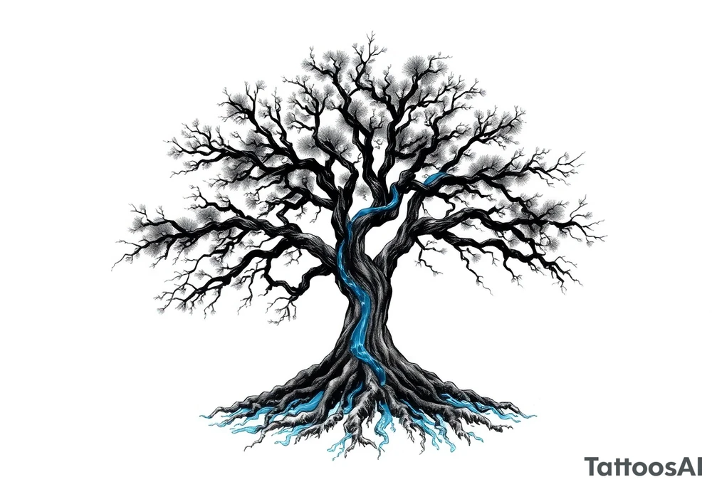 Black and white deciduos Tree with roots. Blue water inside the whole tree in many thin veins. flows from the brunches to the roots tattoo idea