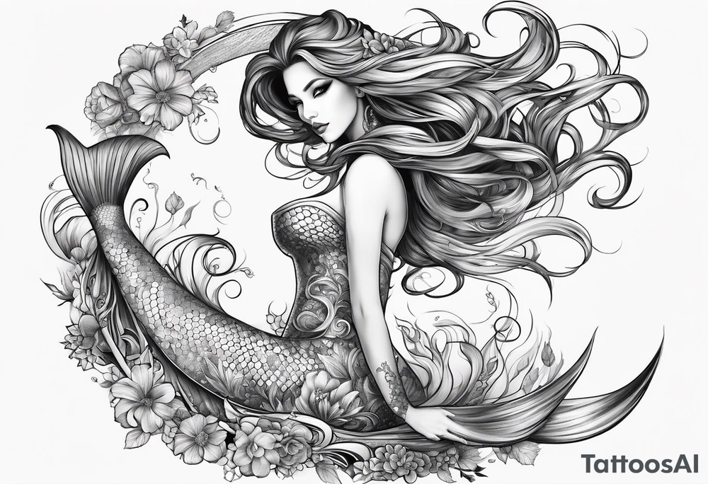 sexy full bodied mermaid with long 
flowing tail and hair, tattoo sleeve tattoo idea