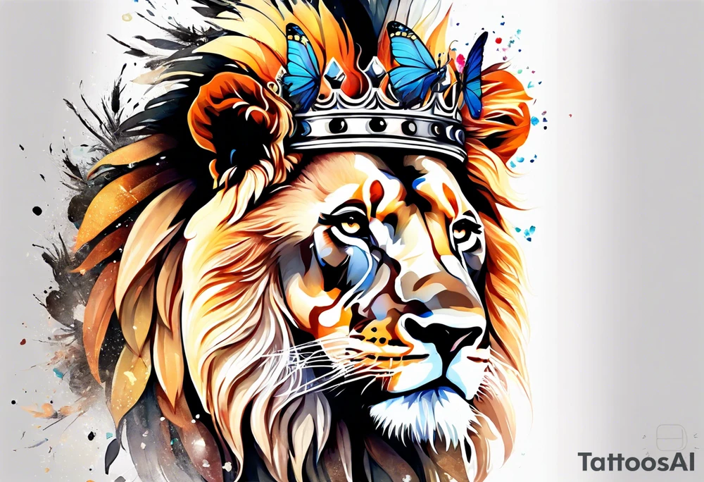African lion covered in lilies butterflies crown main made of feathers tattoo idea