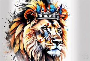 African lion covered in lilies butterflies crown main made of feathers tattoo idea