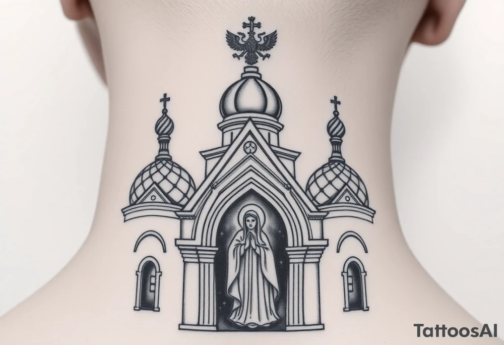 Flowing Scene

A onion domes orthodox church
Virgin Mary in prayer pose on the front doors of the russian orthodox church 
A small double headed russian coat of arms eagle or just the star tucked above the dome near the hairline tattoo idea