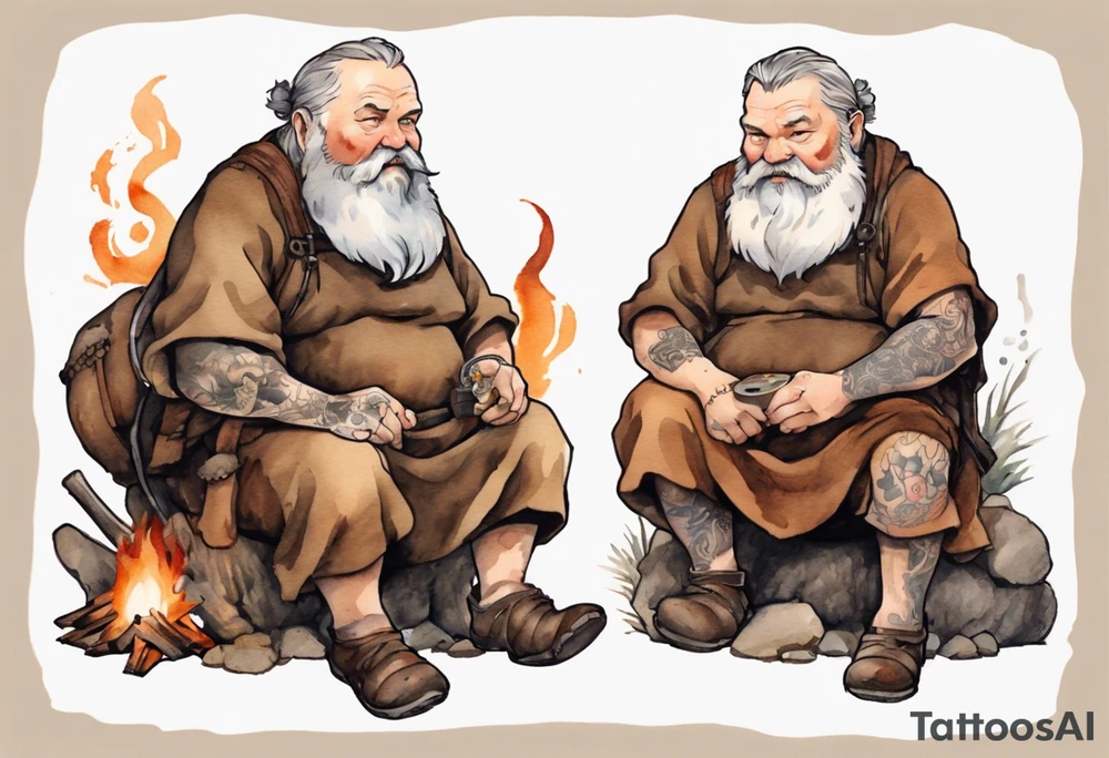 a 55-year-old medieval fat Bavarian man with a grey beard wearing a brown and black tunic sitting by a campfire with his pet boar tattoo idea