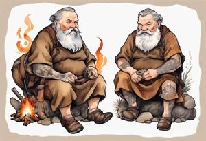 a 55-year-old medieval fat Bavarian man with a grey beard wearing a brown and black tunic sitting by a campfire with his pet boar tattoo idea