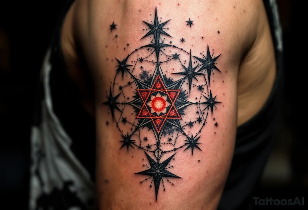 Bold black stars outline the Libra star constellation while a red-ink symbol from the center. tattoo idea