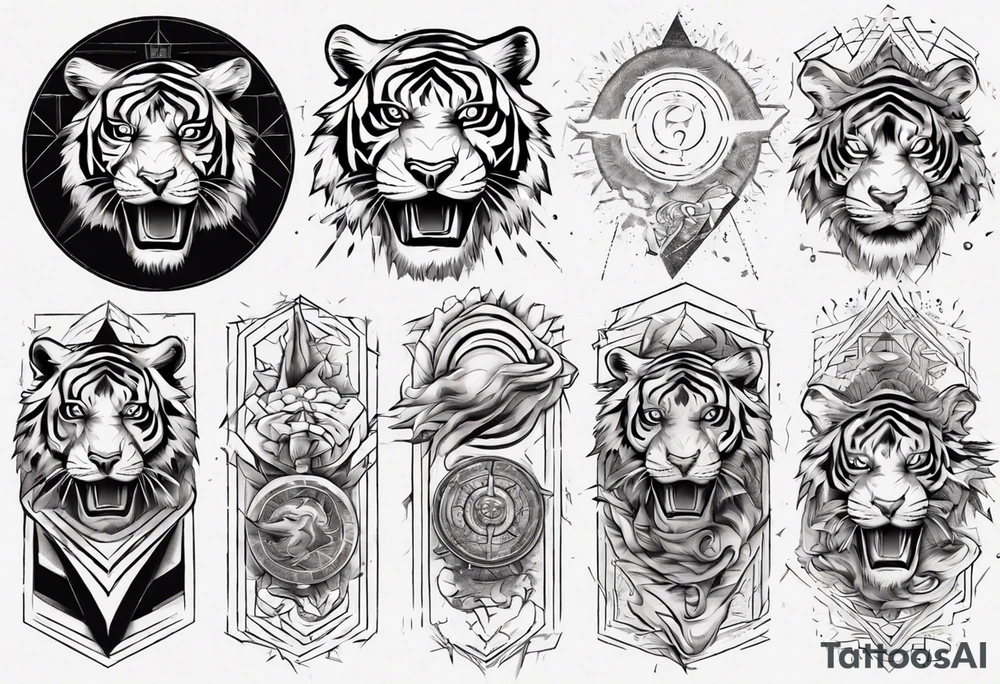 Ancient tiger with lightning and a sun for a forearm sleeve. With patterns surrounding it tattoo idea
