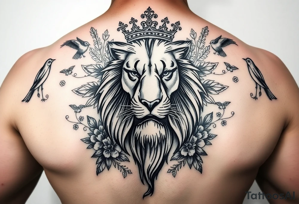 powerful majestic lion with a crown, surrounded by floral ornaments and birds tattoo idea