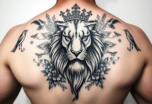powerful majestic lion with a crown, surrounded by floral ornaments and birds tattoo idea