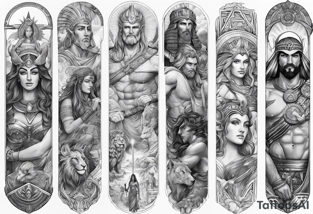 Full Arm sleeve. Mixed gods including. 
Greek gods & Egyptian gods & norse gods and Christianity tattoo idea