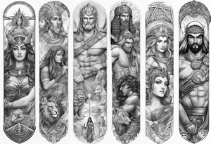 Full Arm sleeve. Mixed gods including. 
Greek gods & Egyptian gods & norse gods and Christianity tattoo idea