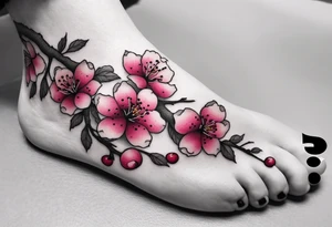 A foot tattoo of colorful cherry blossoms with a pink branch tattoo idea